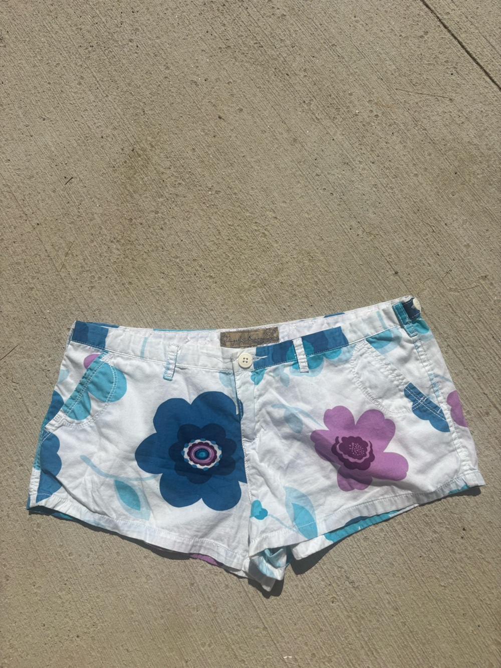 y2k Angel Kiss White Floral Print Shorts with Blue & Purple Flowers